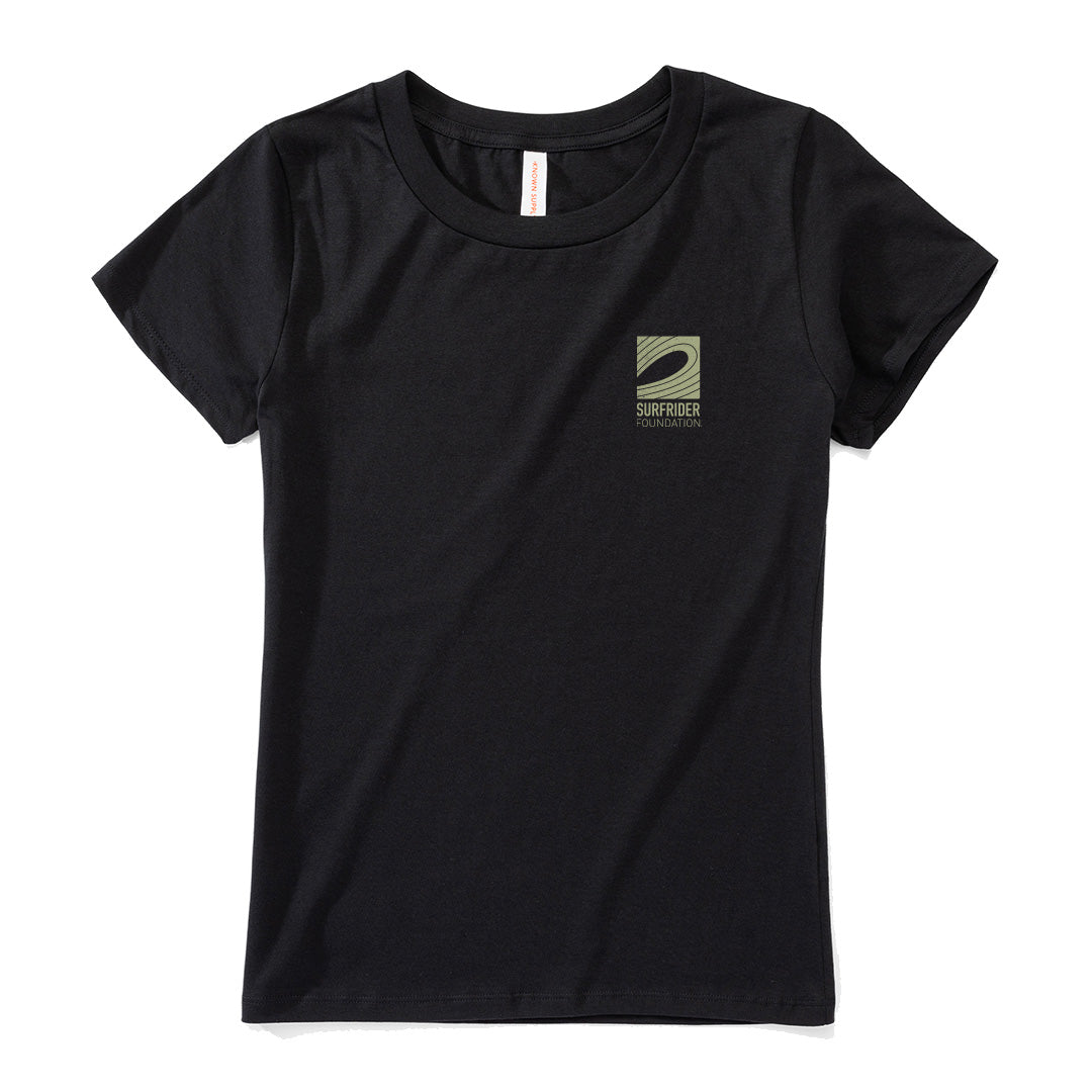 Front of graphic tee has a small logo detail in the corner.
