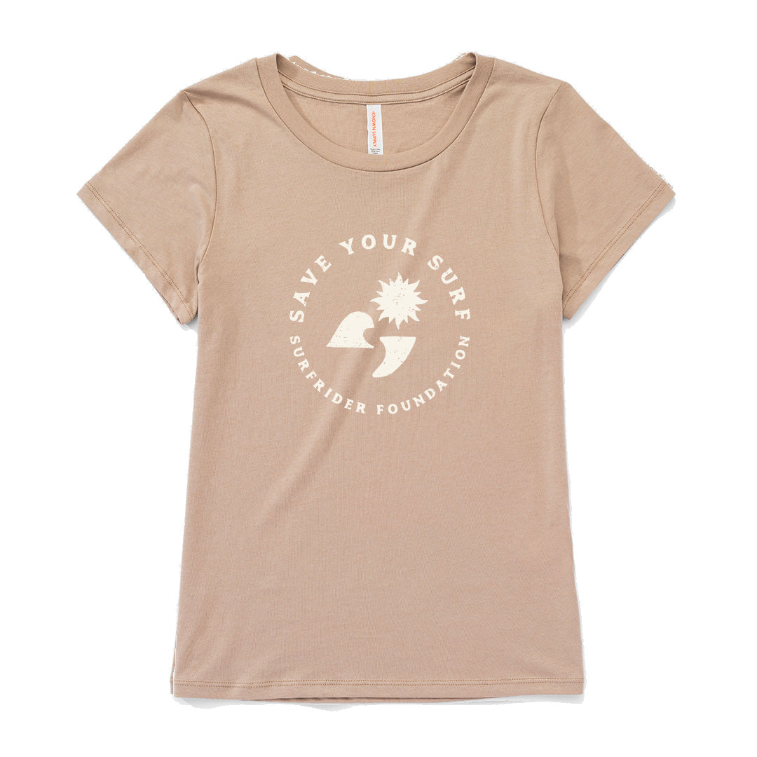 Front view of beige Save your surf womens graphic tee. 