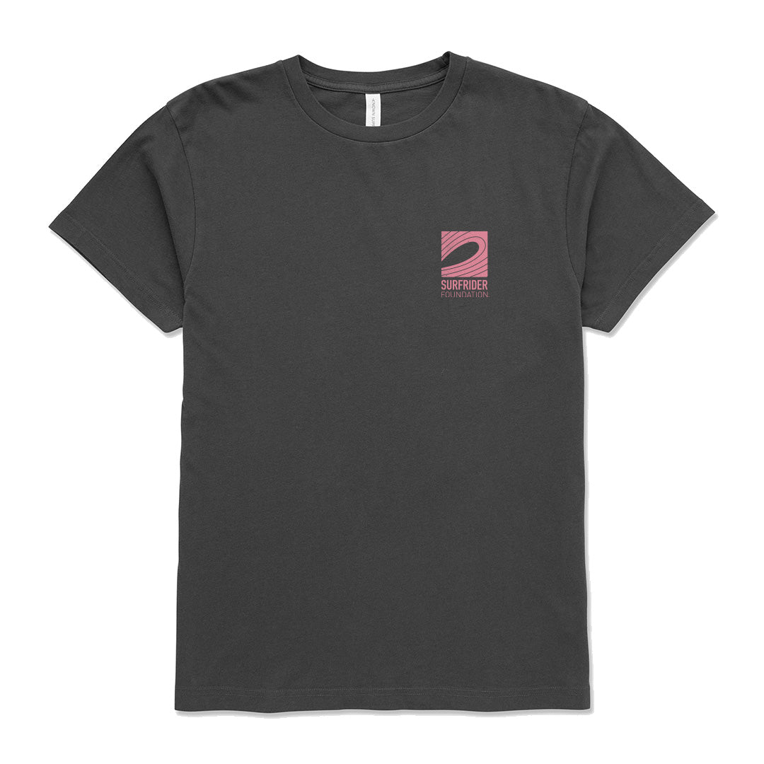 Front view of tee has small logo graphic in the corner. 