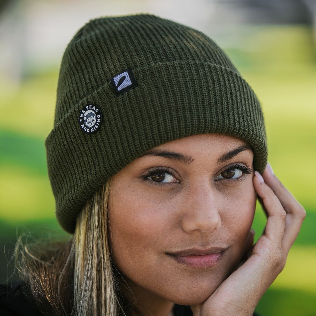 Detail of pin on beanie 