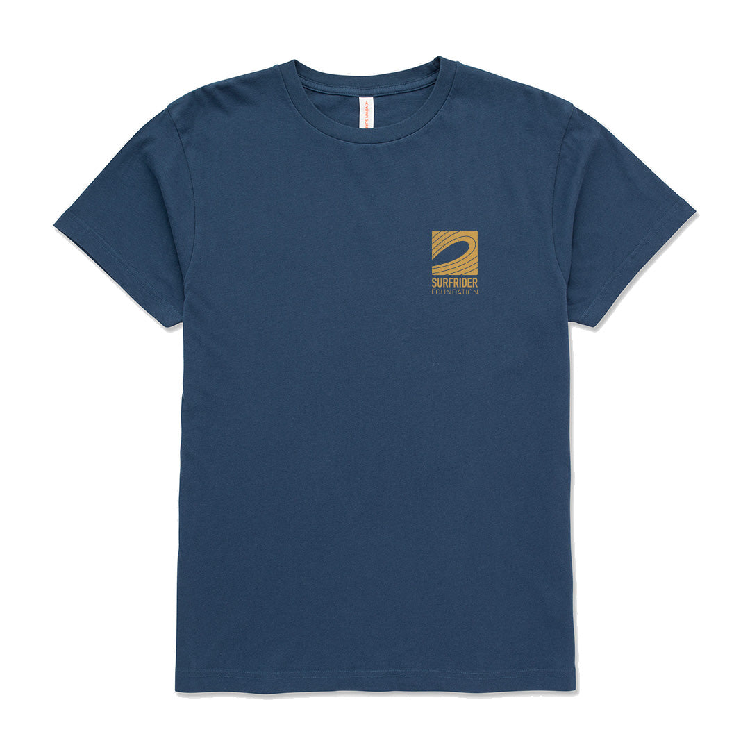 Front view of tshirt has a yellow graphic in the corner. 