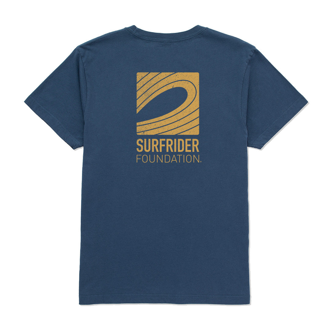 Back view of Surfrider Foundation Logo tee has a yellow graphic on navy. 