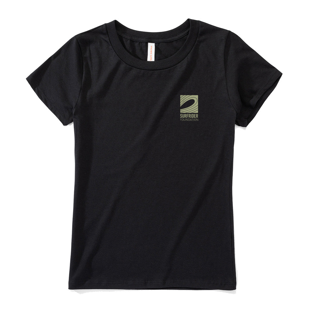 Front of graphic tee has a small logo detail in the corner. 